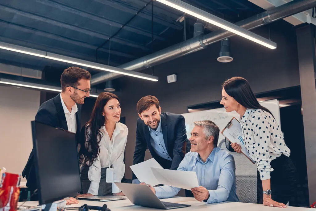 Business team reviewing a contract together